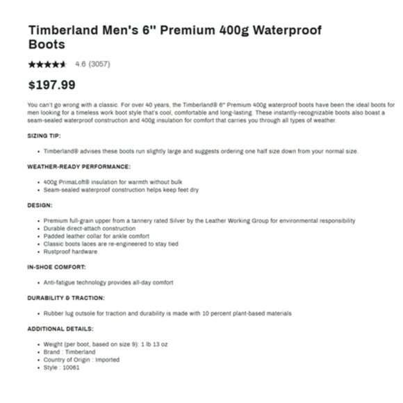 NWT-Timberland Men's 6" Premium 400g Waterproof Boots - 11.5 - Picture 9 of 9